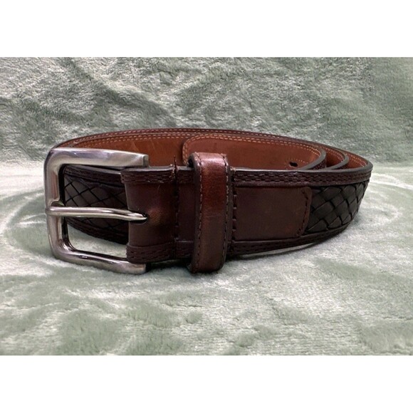 Cabelas Leather Belt Men 48 Top Grain Cowhide Basketweave Woven Inlay Brown 2928 - Picture 3 of 8